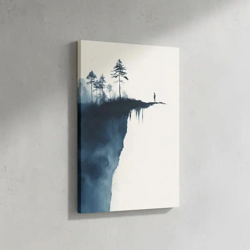 Illustration d’une silhouette au bord du vide, entourée de formes abstraites et de silhouettes d'arbres, apportant une atmosphère intense.