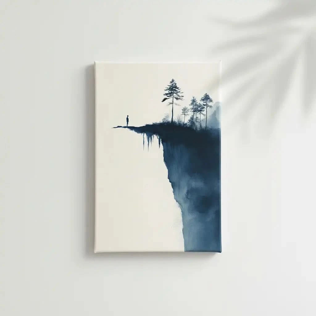 Illustration d’une silhouette au bord du vide, entourée de formes abstraites et de silhouettes d'arbres, apportant une atmosphère intense.
