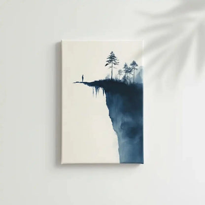 Illustration d’une silhouette au bord du vide, entourée de formes abstraites et de silhouettes d'arbres, apportant une atmosphère intense.