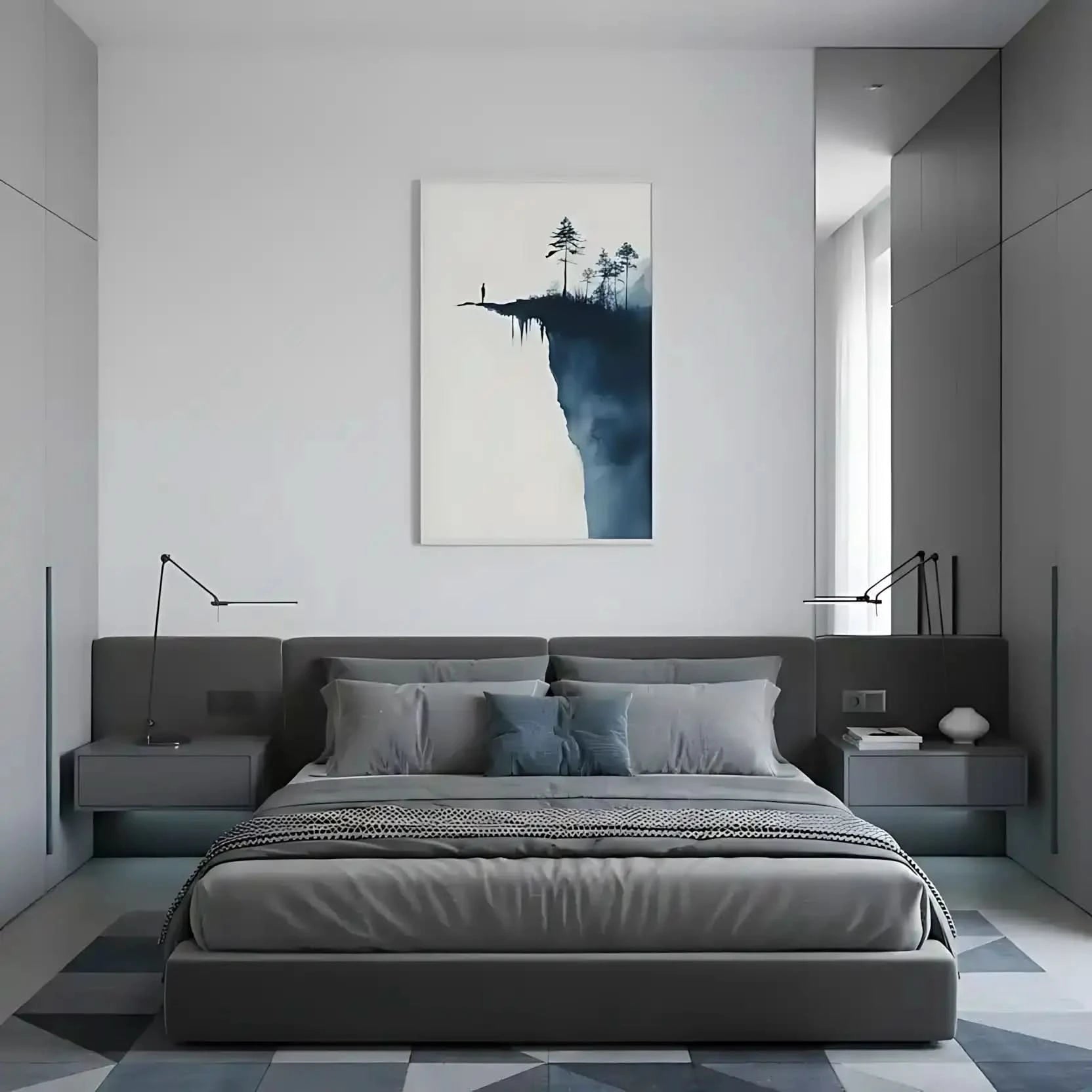 Illustration d’une silhouette au bord du vide, entourée de formes abstraites et de silhouettes d'arbres, apportant une atmosphère intense.