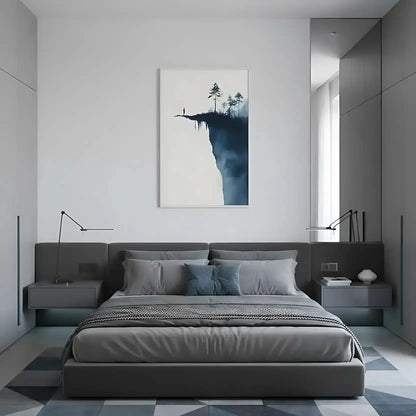 Illustration d’une silhouette au bord du vide, entourée de formes abstraites et de silhouettes d'arbres, apportant une atmosphère intense.