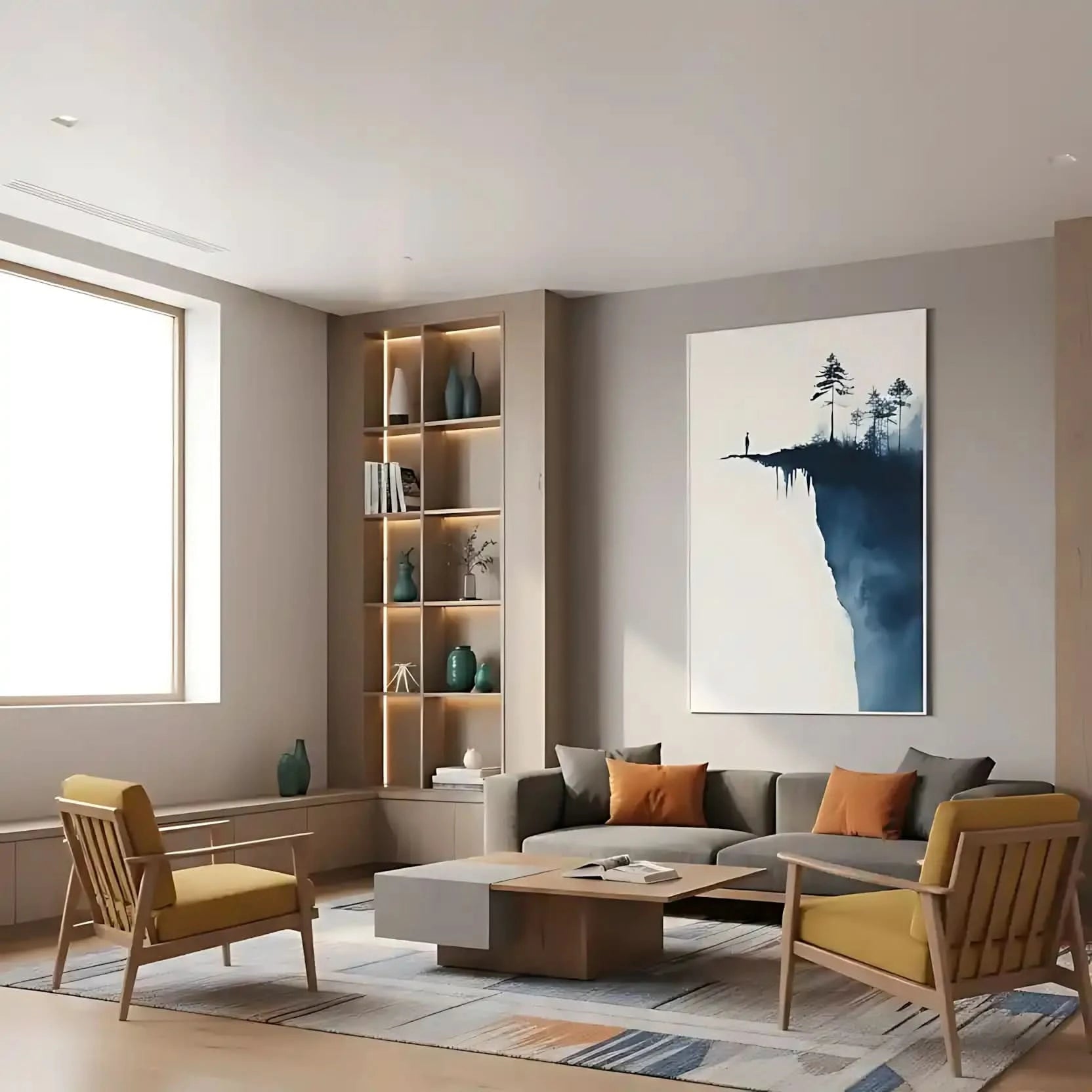 Illustration d’une silhouette au bord du vide, entourée de formes abstraites et de silhouettes d'arbres, apportant une atmosphère intense.