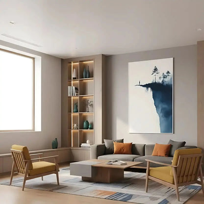 Illustration d’une silhouette au bord du vide, entourée de formes abstraites et de silhouettes d'arbres, apportant une atmosphère intense.