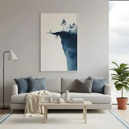 Illustration d’une silhouette au bord du vide, entourée de formes abstraites et de silhouettes d'arbres, apportant une atmosphère intense.