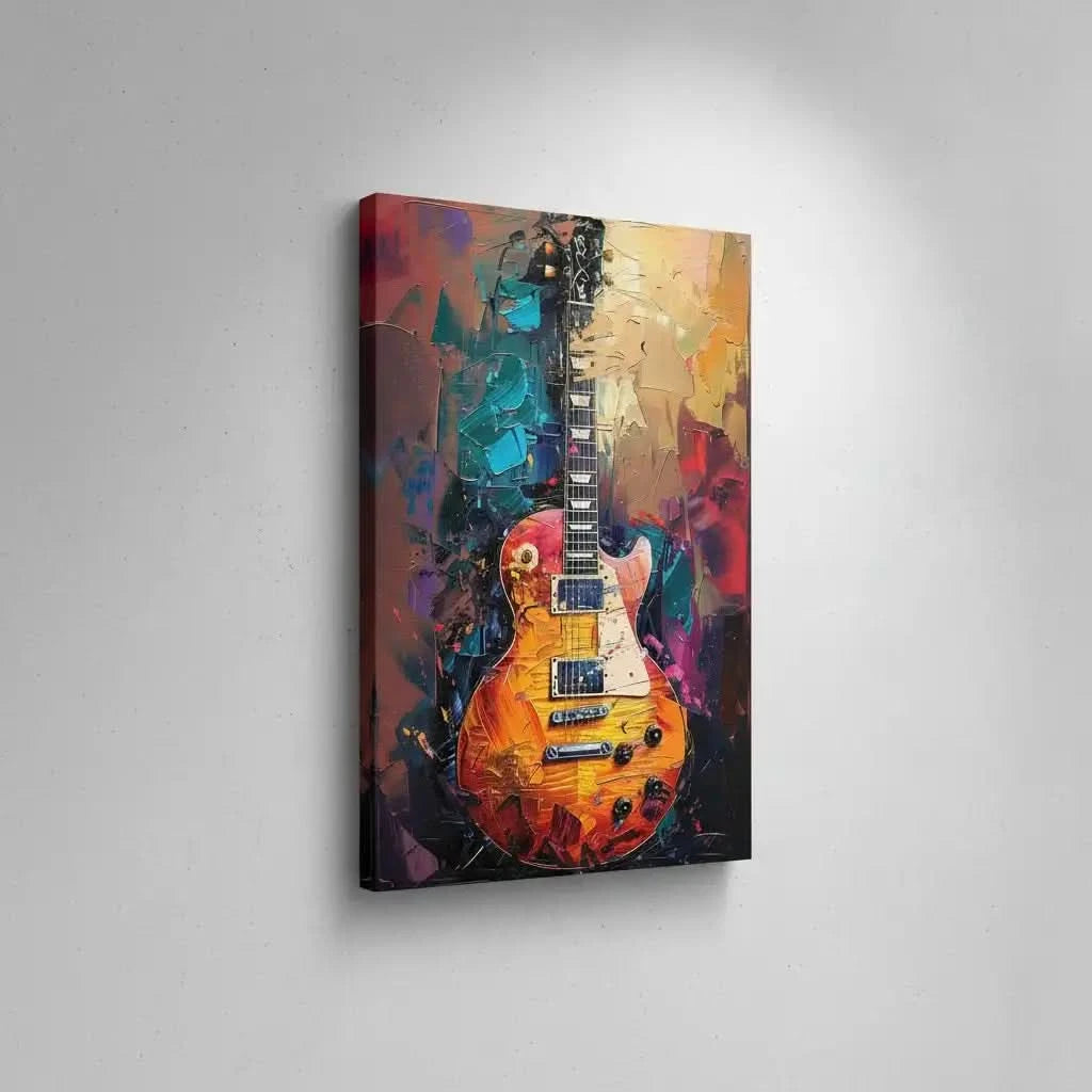 Illustration d'une guitare électrique avec des couleurs vibrantes, apportant une atmosphère dynamique et énergique à la décoration.