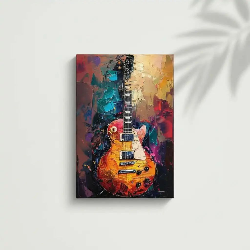 Illustration d'une guitare électrique avec des couleurs vibrantes, apportant une atmosphère dynamique et énergique à la décoration.