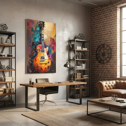 Illustration d'une guitare électrique avec des couleurs vibrantes, apportant une atmosphère dynamique et énergique à la décoration.