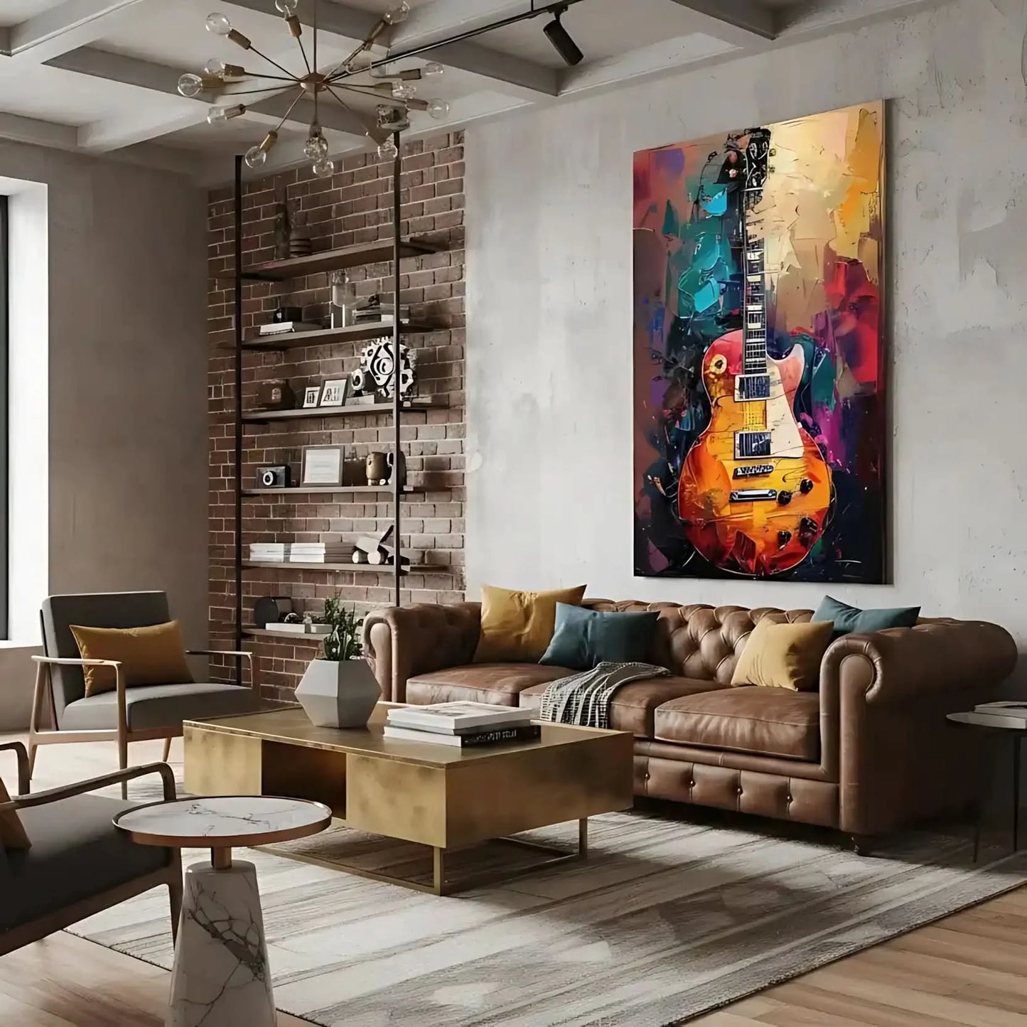 Illustration d'une guitare électrique avec des couleurs vibrantes, apportant une atmosphère dynamique et énergique à la décoration.