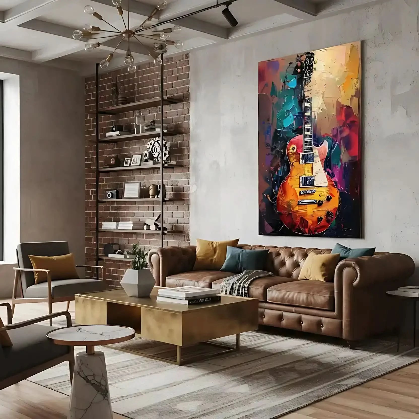 Illustration d'une guitare électrique avec des couleurs vibrantes, apportant une atmosphère dynamique et énergique à la décoration.