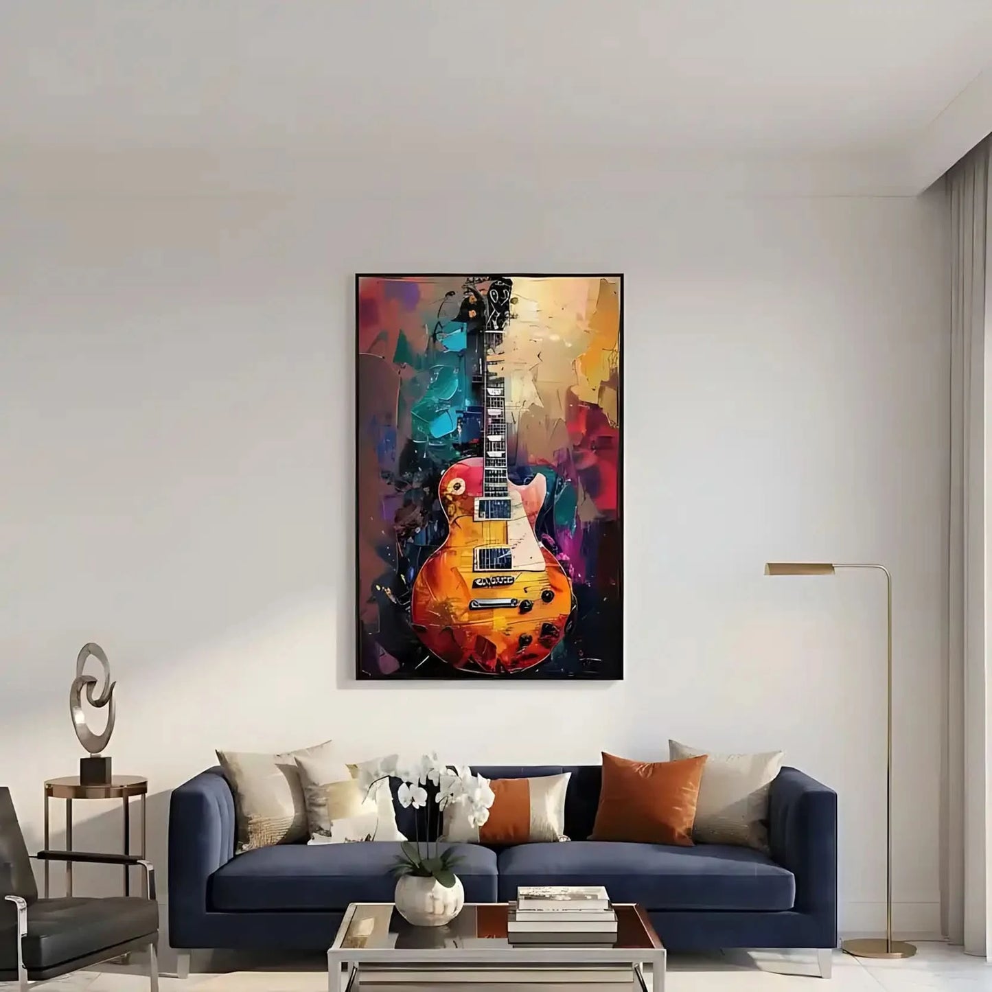 Illustration d'une guitare électrique avec des couleurs vibrantes, apportant une atmosphère dynamique et énergique à la décoration.