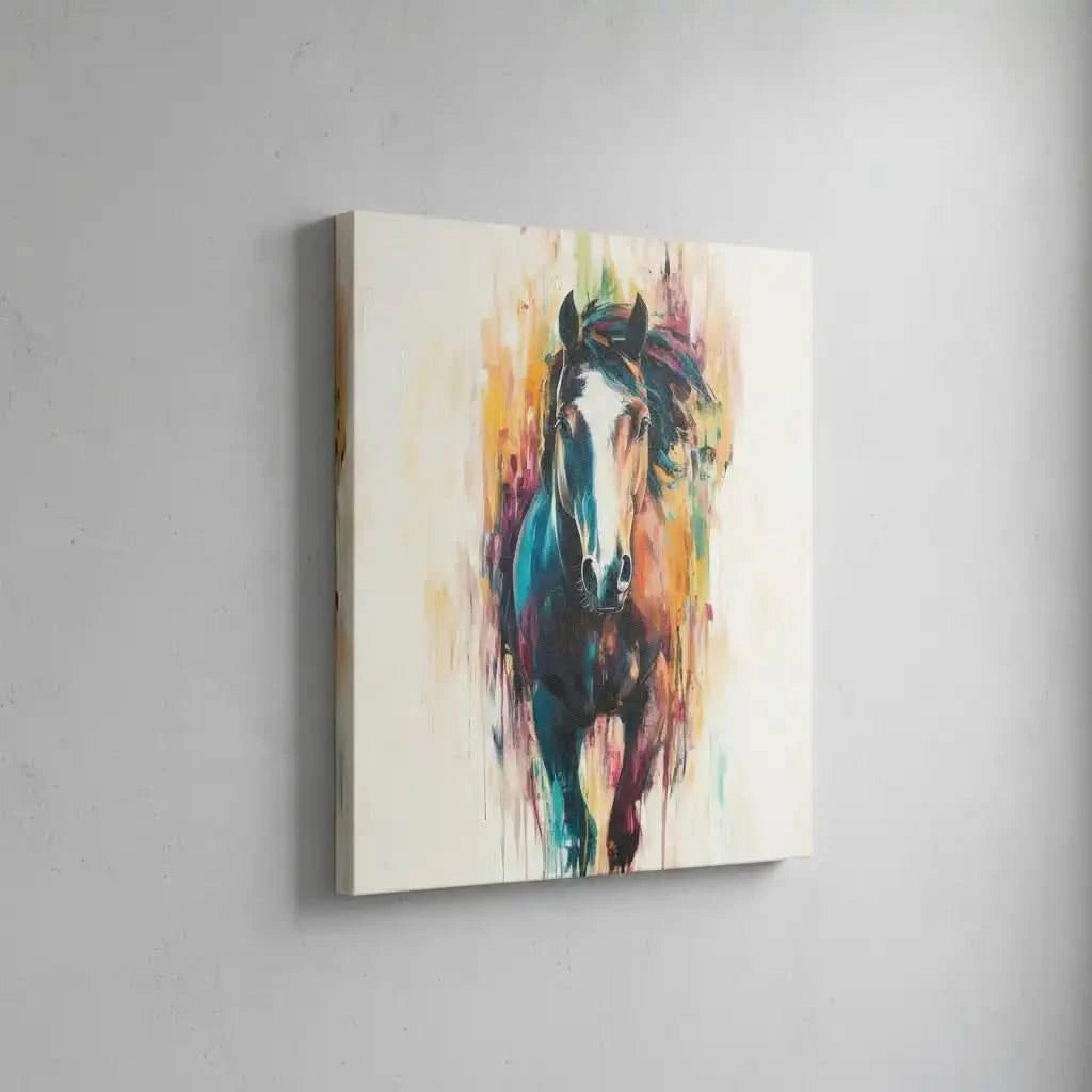 Peinture d'un cheval vibrant avec des couleurs éclatantes, créant une image dynamique et pleine d'énergie, idéale pour un salon moderne.