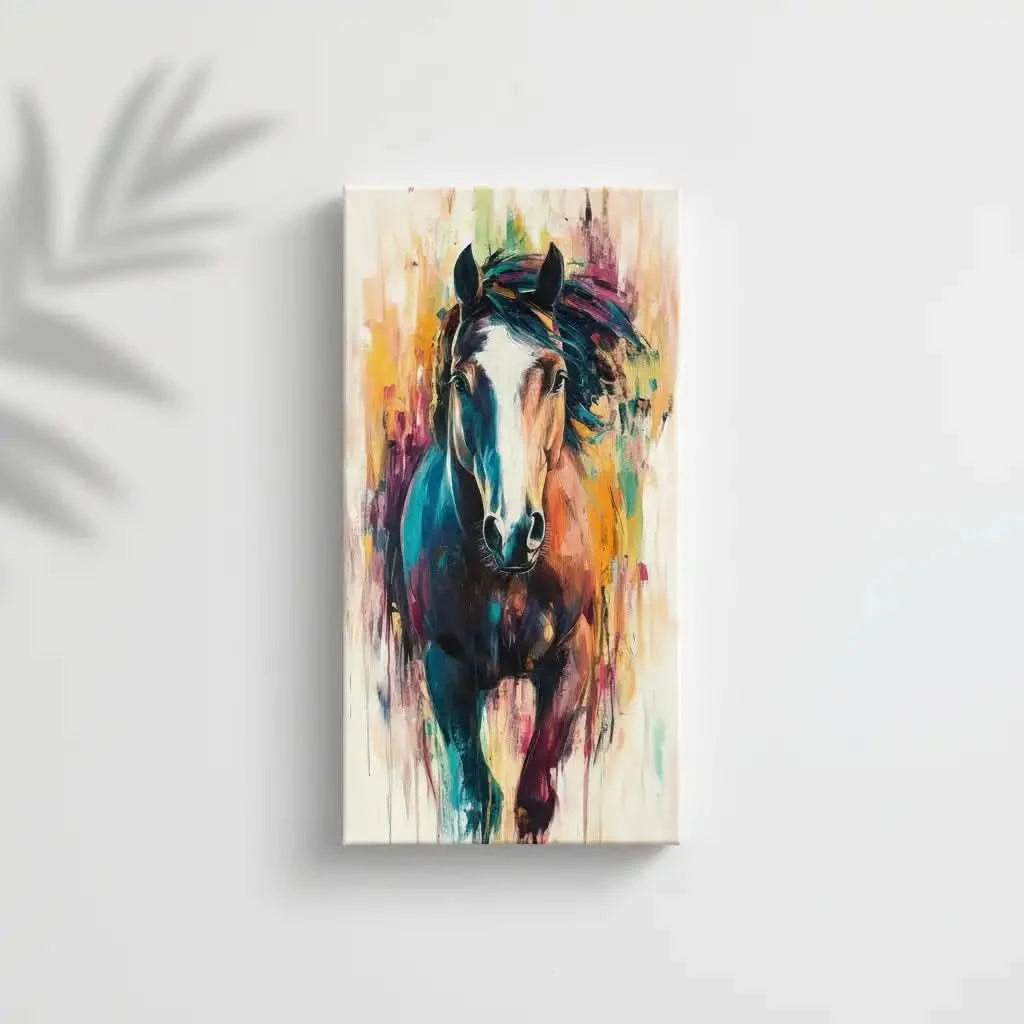 Peinture d'un cheval vibrant avec des couleurs éclatantes, créant une image dynamique et pleine d'énergie, idéale pour un salon moderne.