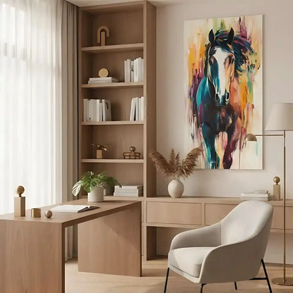 Peinture d'un cheval vibrant avec des couleurs éclatantes, créant une image dynamique et pleine d'énergie, idéale pour un salon moderne.