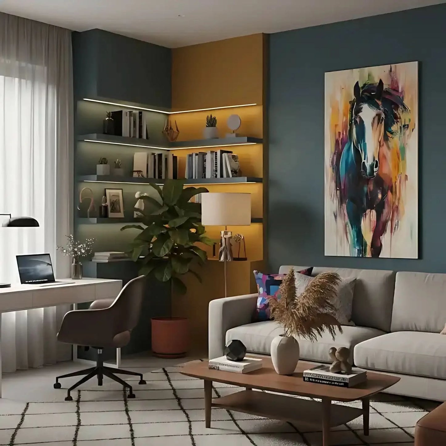 Peinture d'un cheval vibrant avec des couleurs éclatantes, créant une image dynamique et pleine d'énergie, idéale pour un salon moderne.