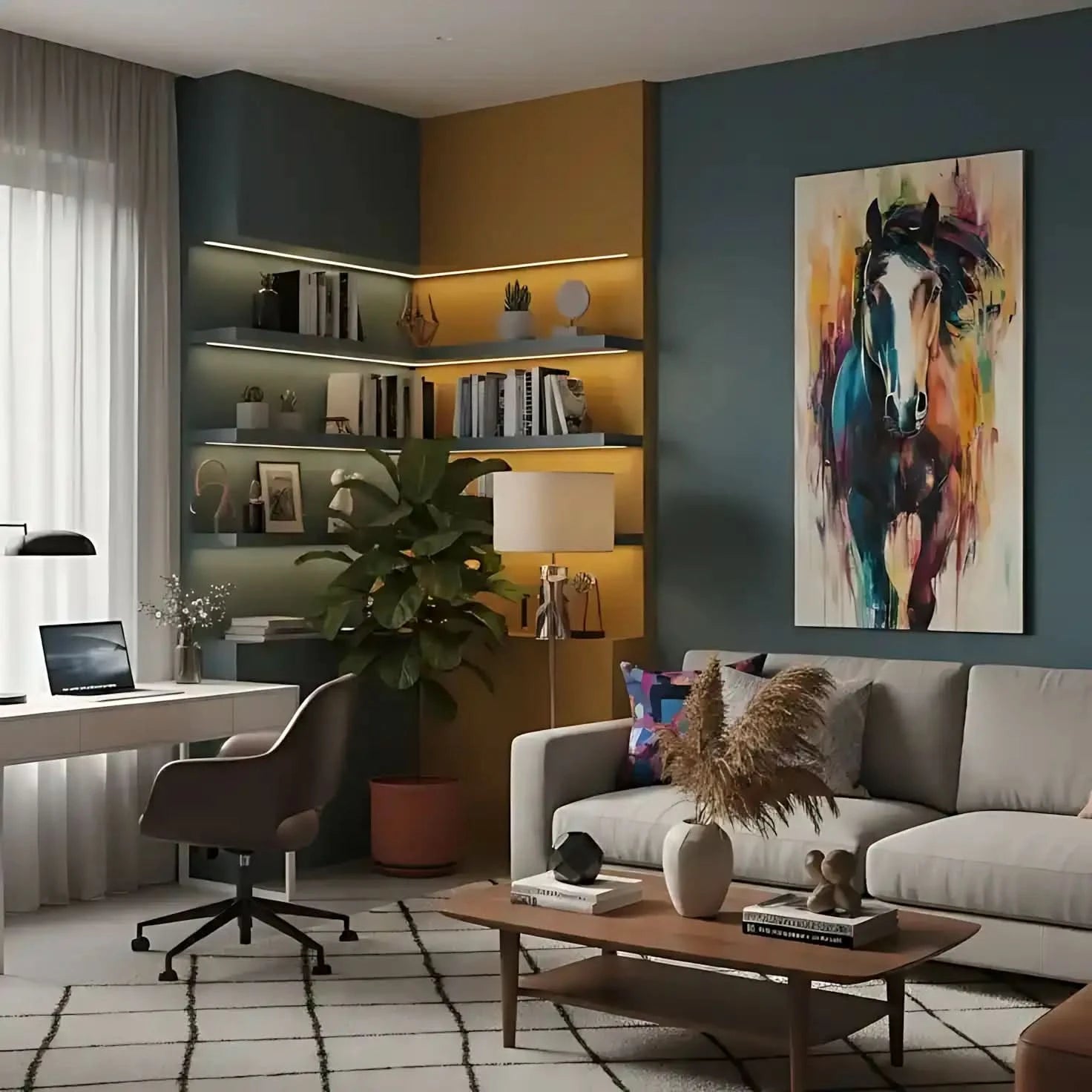 Peinture d'un cheval vibrant avec des couleurs éclatantes, créant une image dynamique et pleine d'énergie, idéale pour un salon moderne.