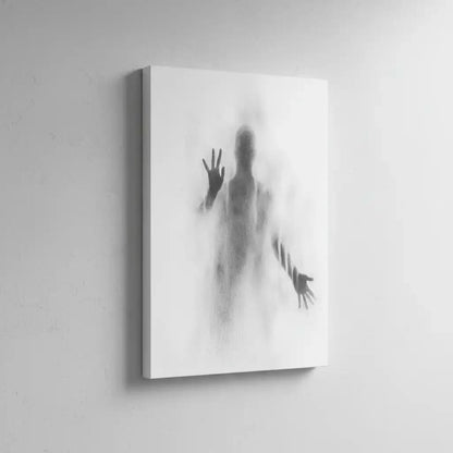 Illustration d'une silhouette sombre entourée de brumes légères et de dégradés gris, apportant une atmosphère de mystère et de calme.