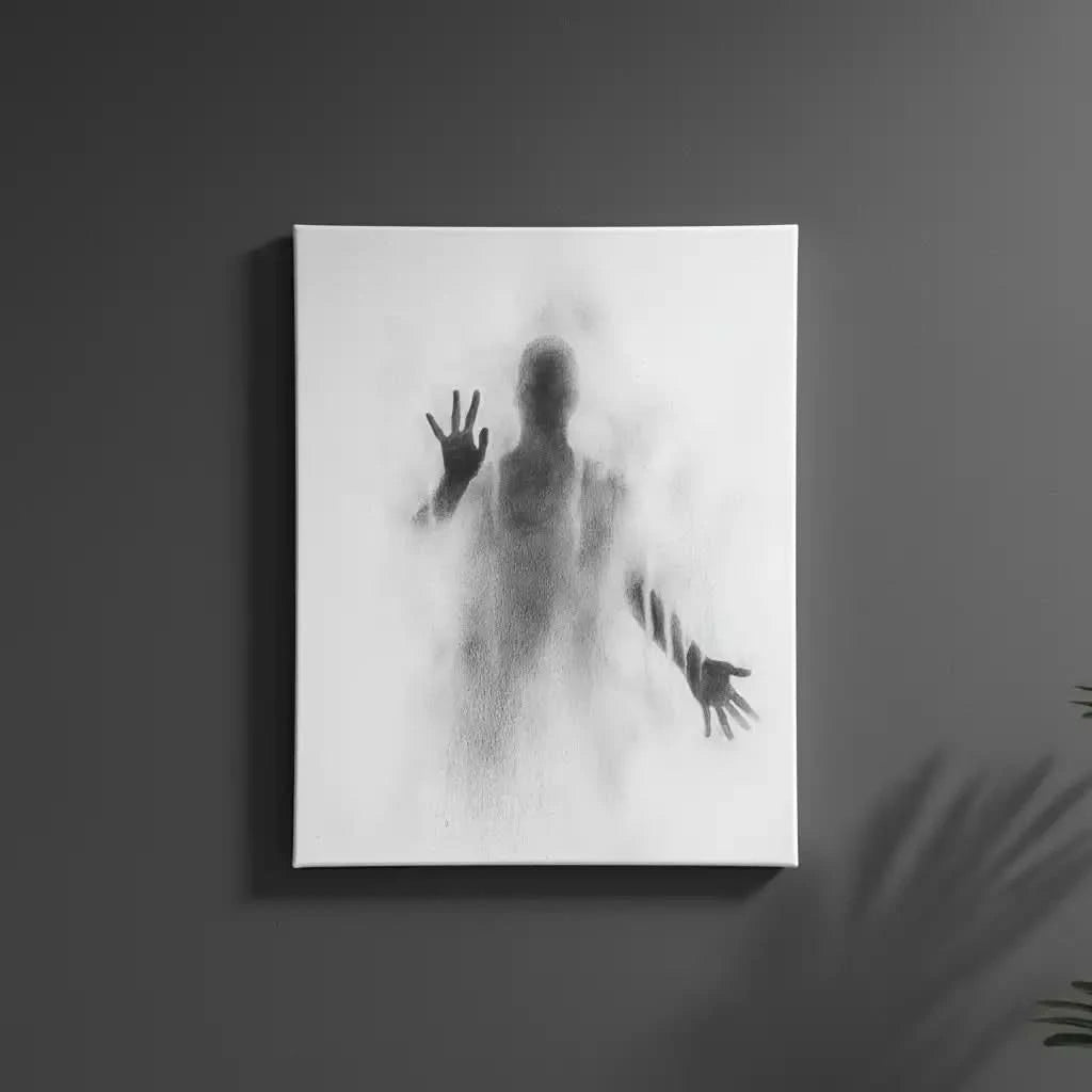 Illustration d'une silhouette sombre entourée de brumes légères et de dégradés gris, apportant une atmosphère de mystère et de calme.