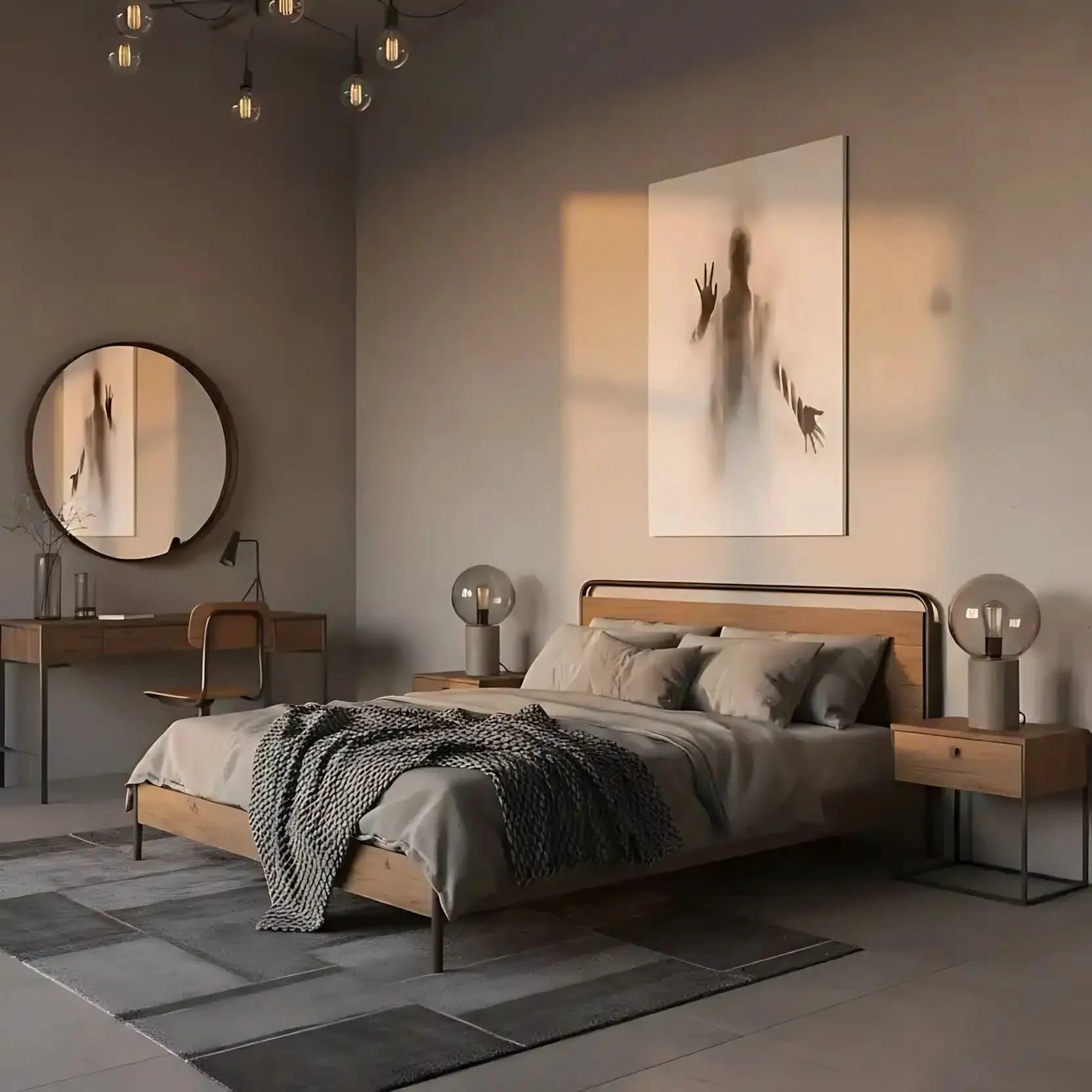 Illustration d'une silhouette sombre entourée de brumes légères et de dégradés gris, apportant une atmosphère de mystère et de calme.