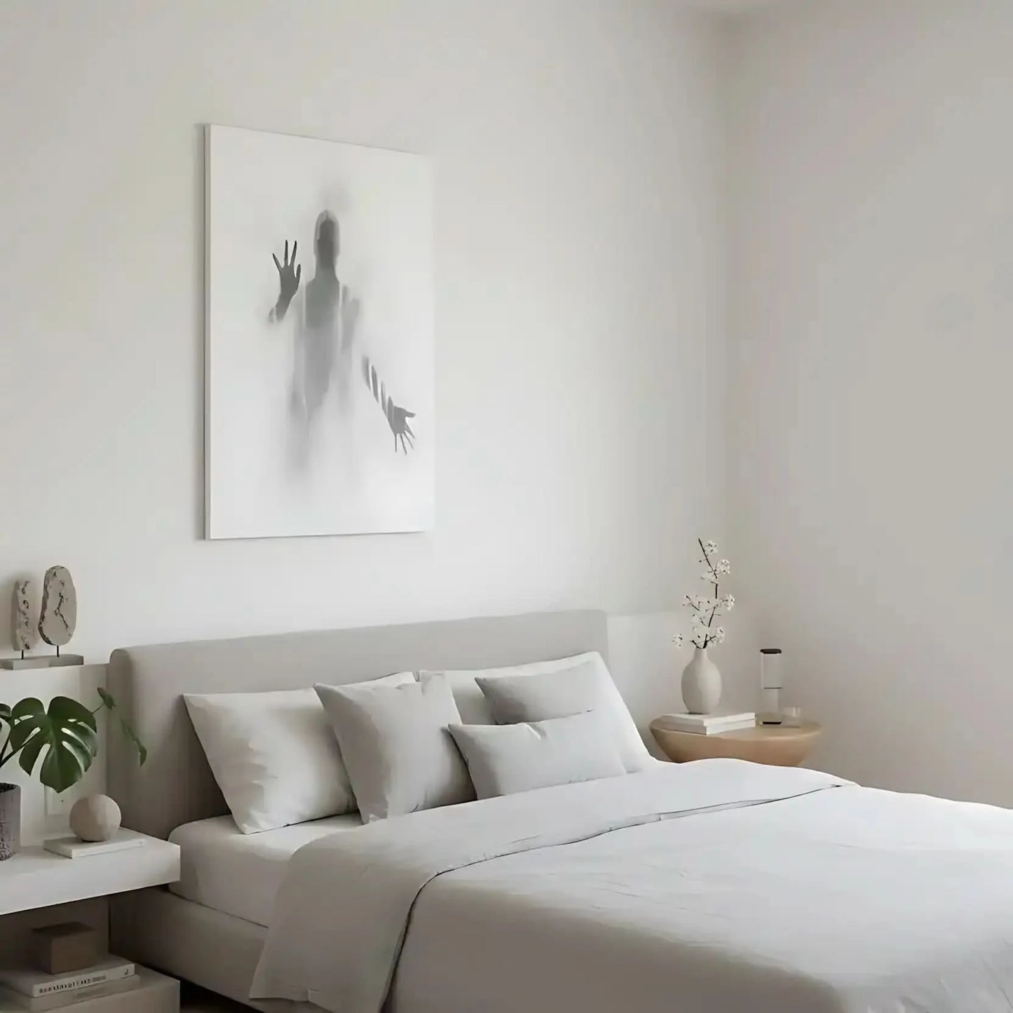 Illustration d'une silhouette sombre entourée de brumes légères et de dégradés gris, apportant une atmosphère de mystère et de calme.