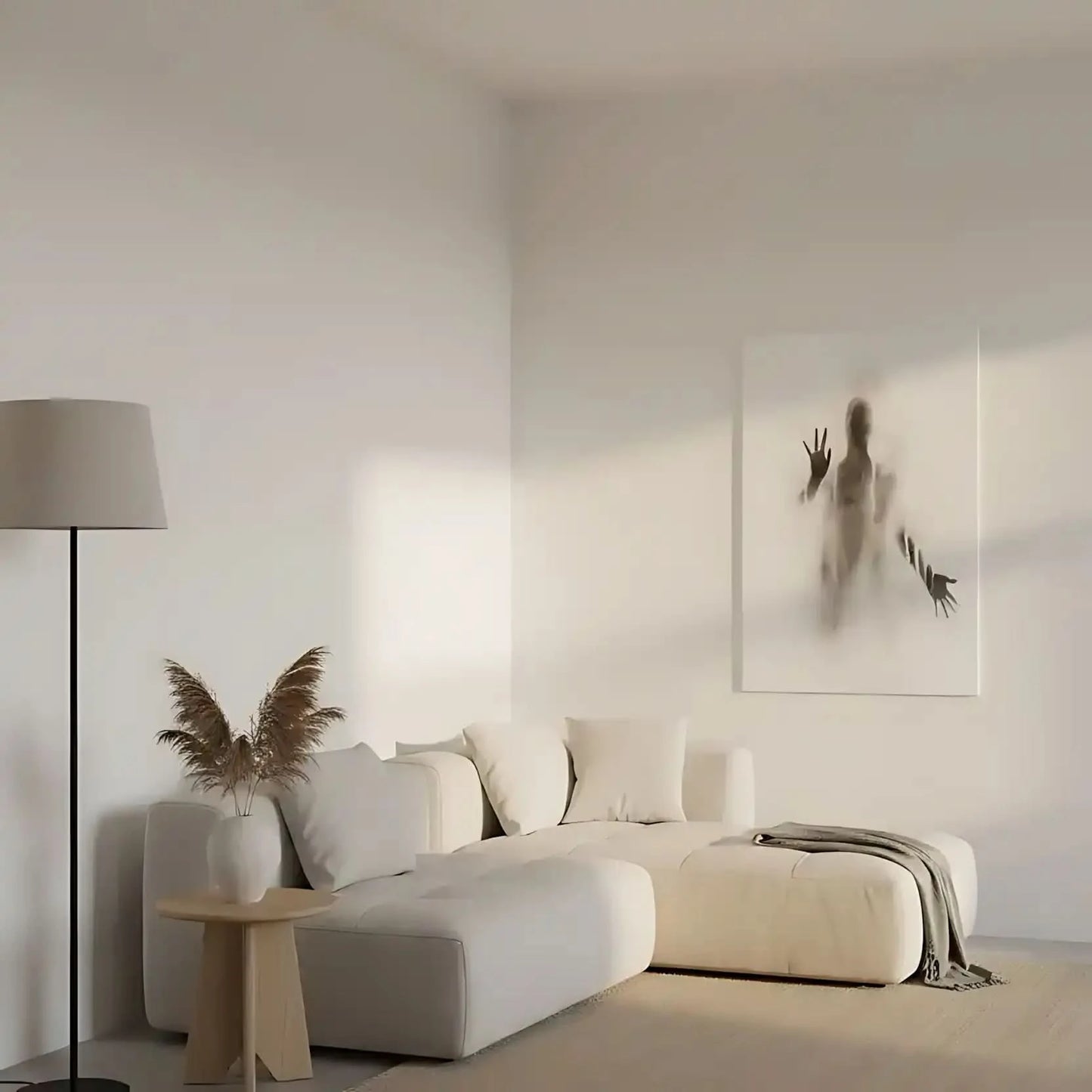 Illustration d'une silhouette sombre entourée de brumes légères et de dégradés gris, apportant une atmosphère de mystère et de calme.