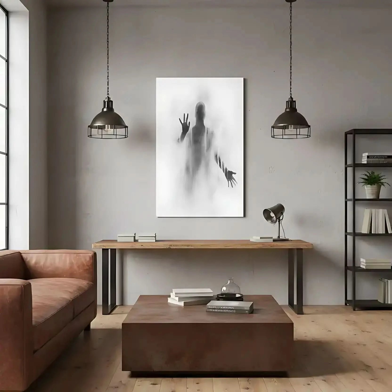 Illustration d'une silhouette sombre entourée de brumes légères et de dégradés gris, apportant une atmosphère de mystère et de calme.