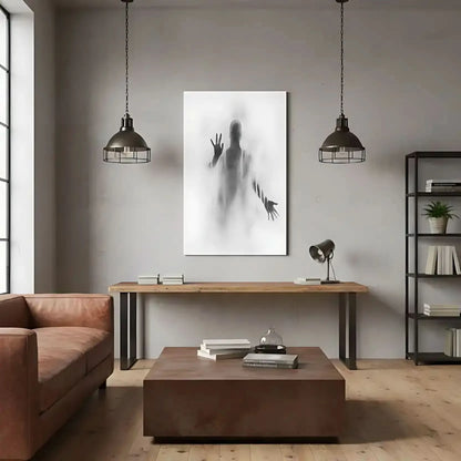 Illustration d'une silhouette sombre entourée de brumes légères et de dégradés gris, apportant une atmosphère de mystère et de calme.