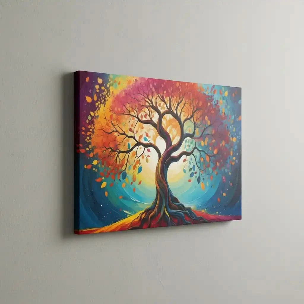 Arbre cosmique abstrait aux branches torsadées et feuilles rouges, orange, jaunes et bleues; halo lumineux; oeuvre vibrante.