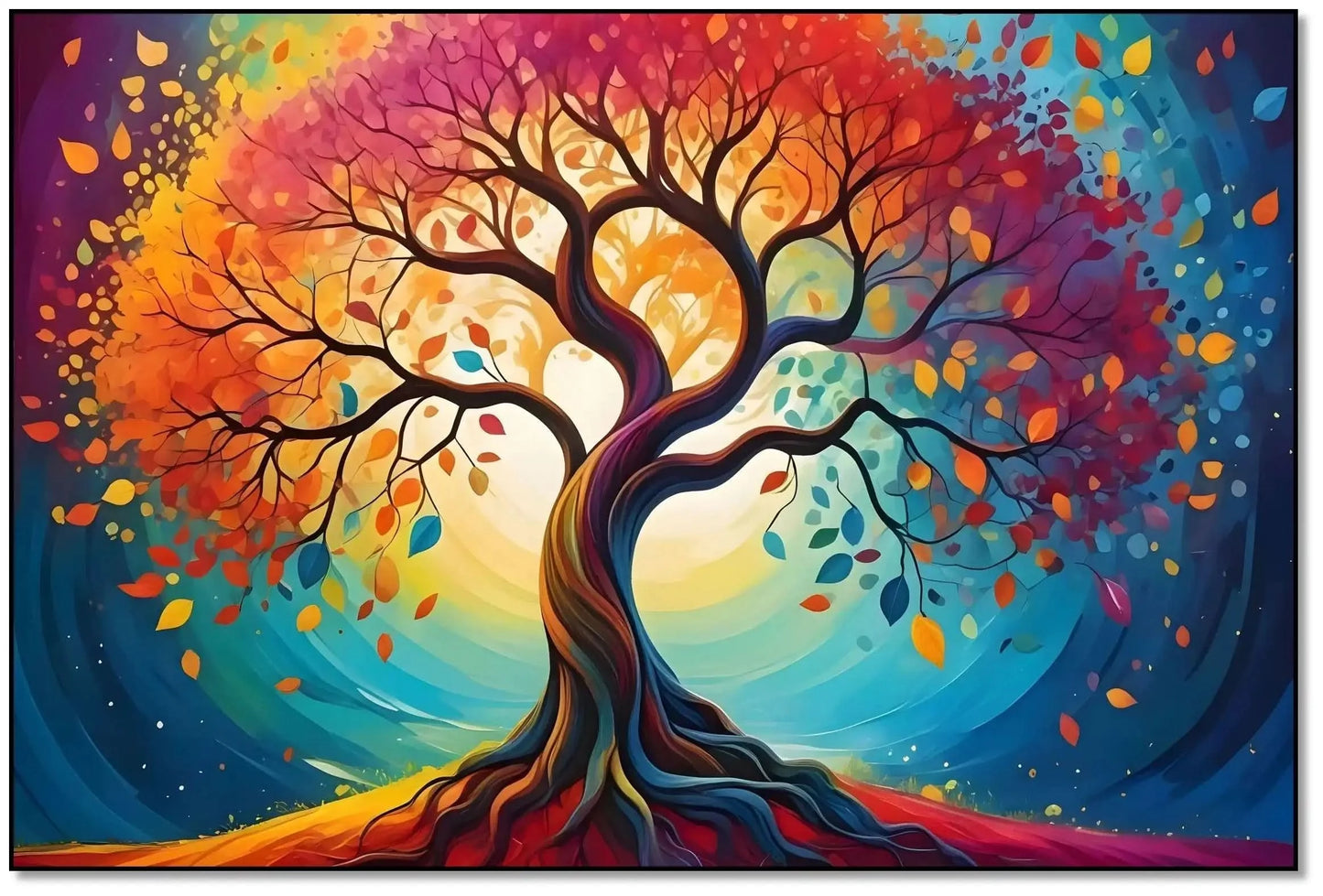 Arbre cosmique abstrait aux branches torsadées et feuilles rouges, orange, jaunes et bleues; halo lumineux; œuvre vibrante.