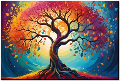 Arbre cosmique abstrait aux branches torsadées et feuilles rouges, orange, jaunes et bleues; halo lumineux; œuvre vibrante.