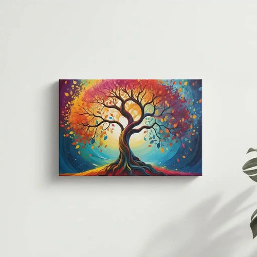 Arbre cosmique abstrait aux branches torsadées et feuilles rouges, orange, jaunes et bleues; halo lumineux; oeuvre vibrante.