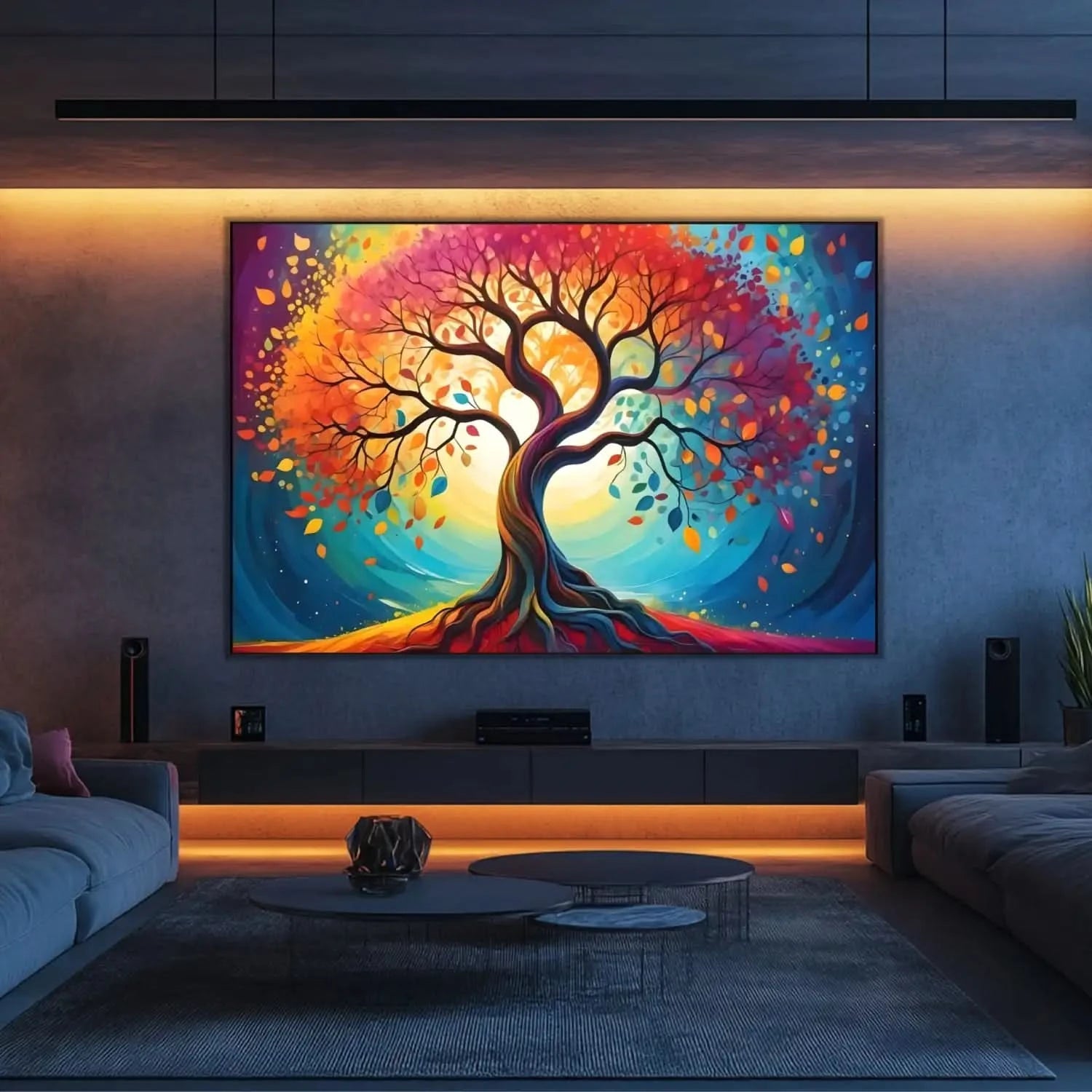 Arbre cosmique abstrait aux branches torsadées et feuilles rouges, orange, jaunes et bleues; halo lumineux; œuvre vibrante.