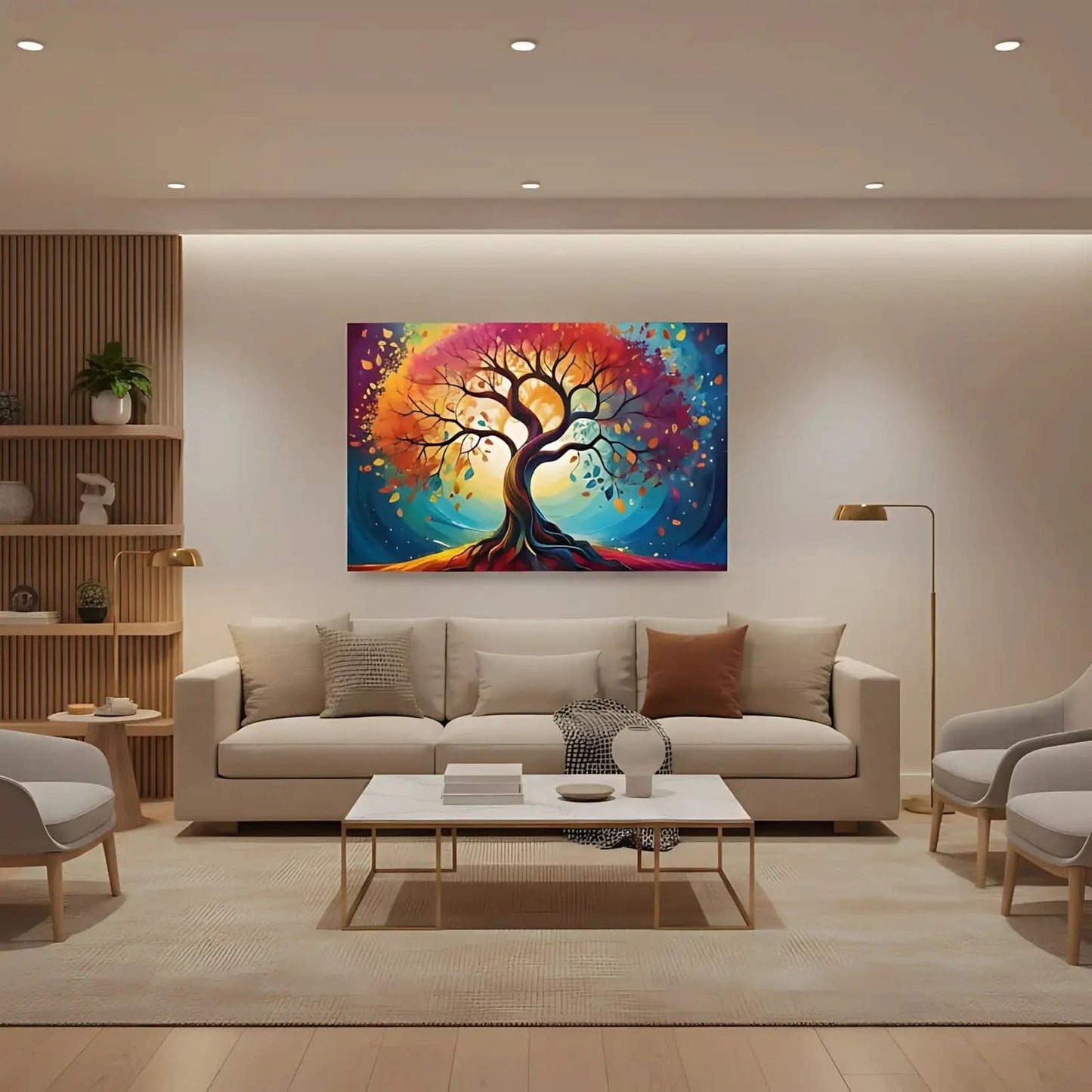 Arbre cosmique abstrait aux branches torsadées et feuilles rouges, orange, jaunes et bleues; halo lumineux; oeuvre vibrante.