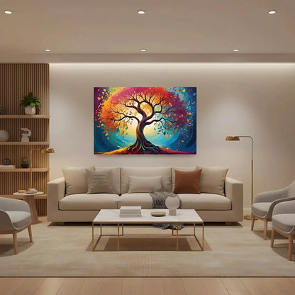 Arbre cosmique abstrait aux branches torsadées et feuilles rouges, orange, jaunes et bleues; halo lumineux; oeuvre vibrante.