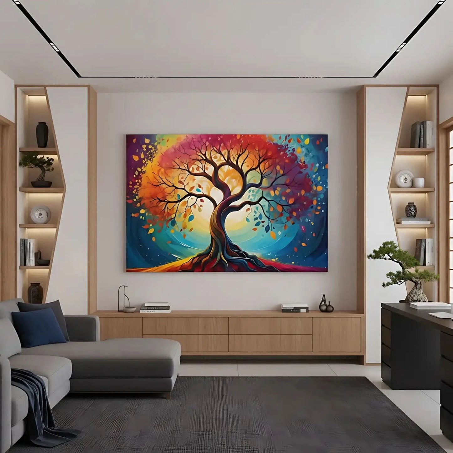 Arbre cosmique abstrait aux branches torsadées et feuilles rouges, orange, jaunes et bleues; halo lumineux; oeuvre vibrante.