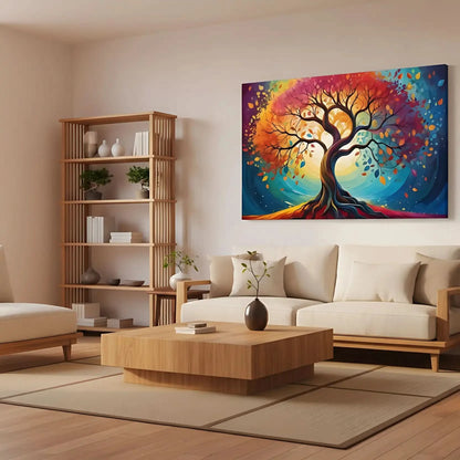 Arbre cosmique abstrait aux branches torsadées et feuilles rouges, orange, jaunes et bleues; halo lumineux; oeuvre vibrante.