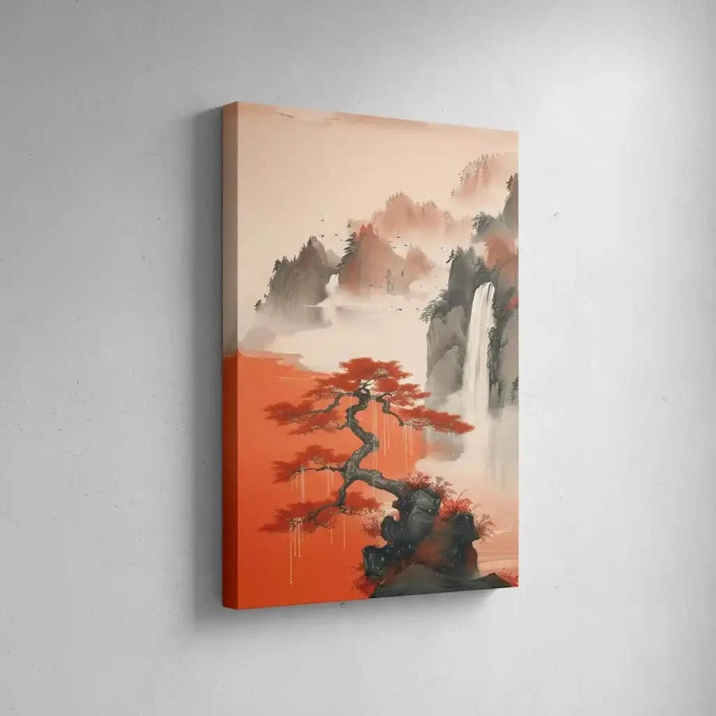 Arbre aux feuilles rouges vives, sur fond de montagnes brumeuses et de chutes d'eau, créant une ambiance sereine et poétique, idéale pour une décoration zen.