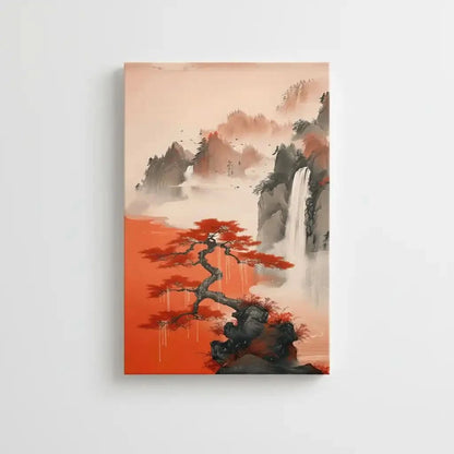 Arbre aux feuilles rouges vives, sur fond de montagnes brumeuses et de chutes d'eau, créant une ambiance sereine et poétique, idéale pour une décoration zen.