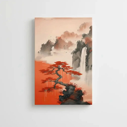 Arbre aux feuilles rouges vives, sur fond de montagnes brumeuses et de chutes d'eau, créant une ambiance sereine et poétique, idéale pour une décoration zen.