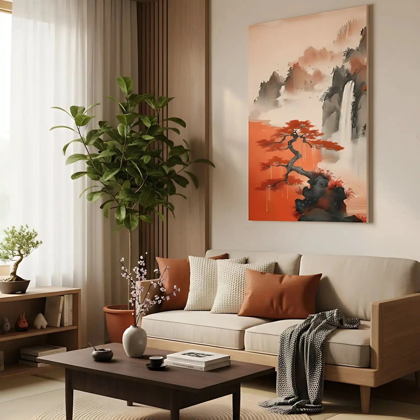 Arbre aux feuilles rouges vives, sur fond de montagnes brumeuses et de chutes d'eau, créant une ambiance sereine et poétique, idéale pour une décoration zen.