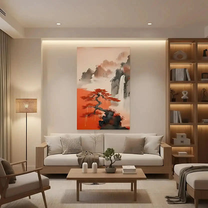 Arbre aux feuilles rouges vives, sur fond de montagnes brumeuses et de chutes d'eau, créant une ambiance sereine et poétique, idéale pour une décoration zen.