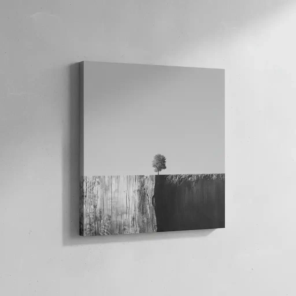 Arbre solitaire sur fond noir et blanc, illustrant le minimalisme et la sérénité, idéal pour des espaces modernes et épurés.