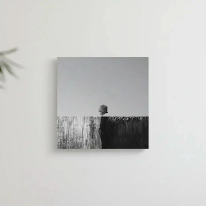 Arbre solitaire sur fond noir et blanc, illustrant le minimalisme et la sérénité, idéal pour des espaces modernes et épurés.