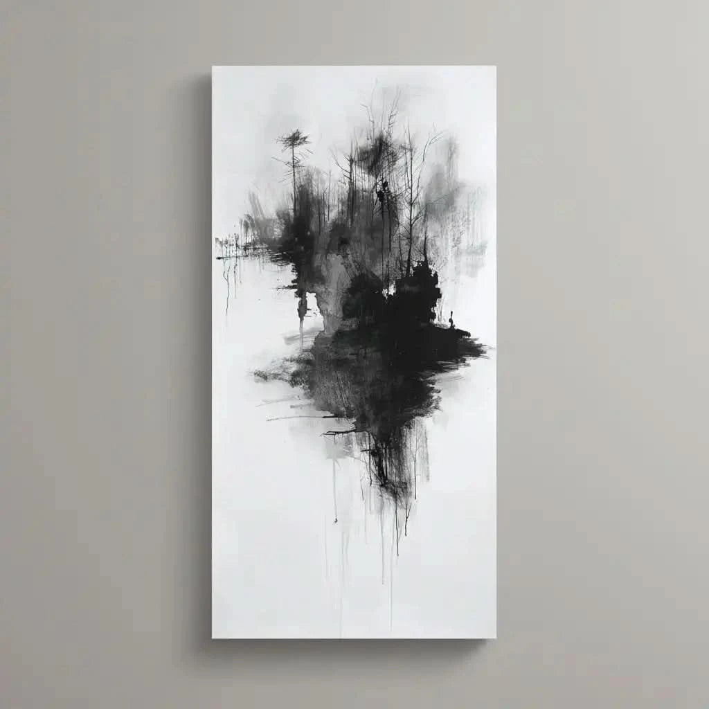 Peinture abstraite en noir et blanc représentant des arbres sombres et une silhouette, idéale pour une décoration moderne de salon.
