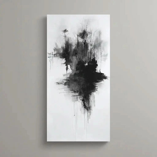 Peinture abstraite en noir et blanc représentant des arbres sombres et une silhouette, idéale pour une décoration moderne de salon.
