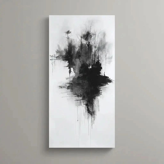 Peinture abstraite en noir et blanc représentant des arbres sombres et une silhouette, idéale pour une décoration moderne de salon.