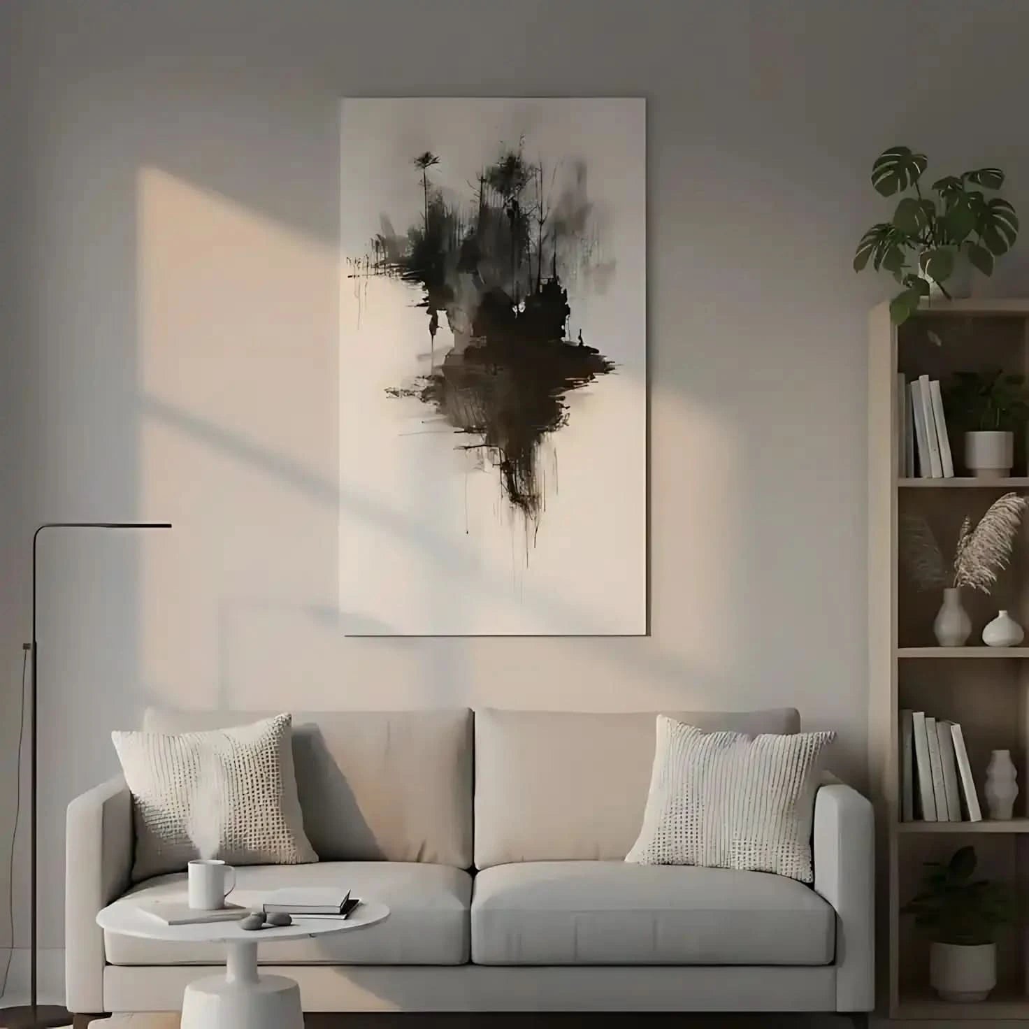 Peinture abstraite en noir et blanc représentant des arbres sombres et une silhouette, idéale pour une décoration moderne de salon.