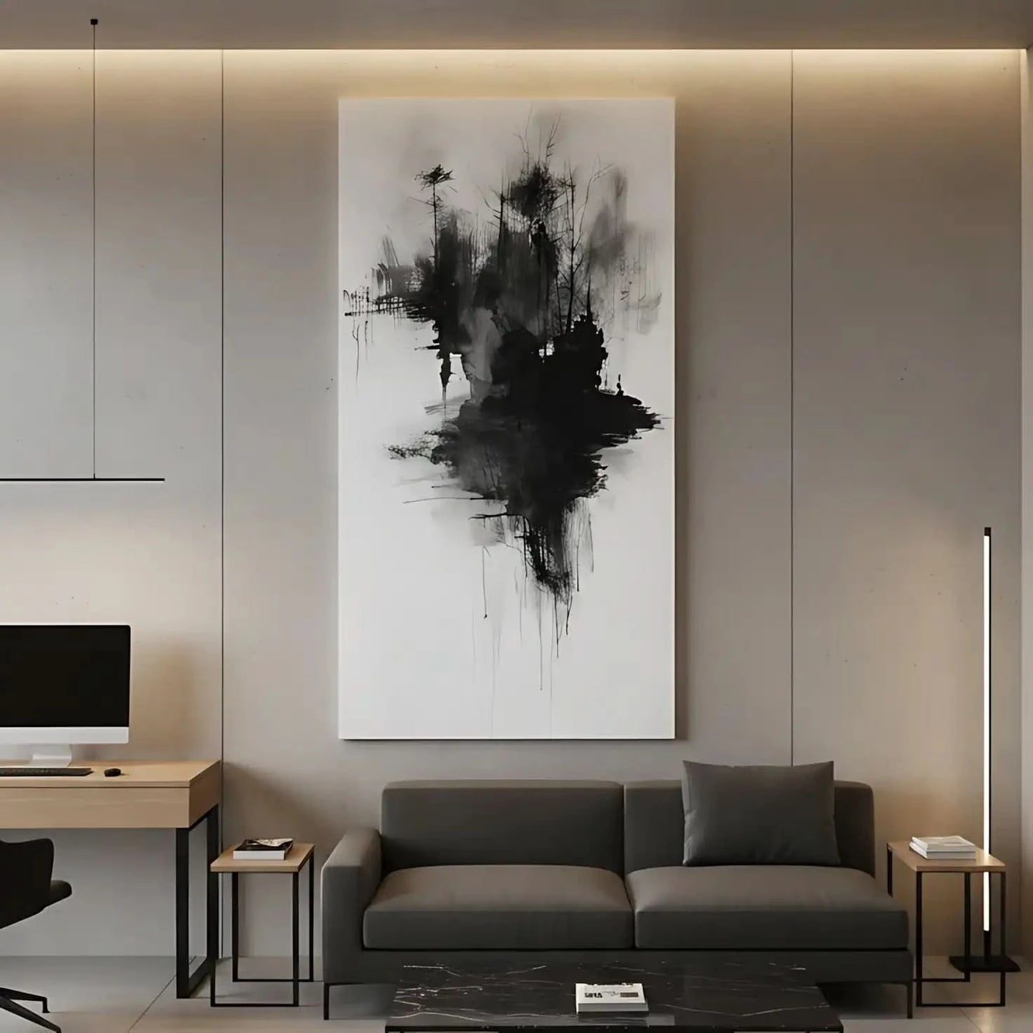 Peinture abstraite en noir et blanc représentant des arbres sombres et une silhouette, idéale pour une décoration moderne de salon.
