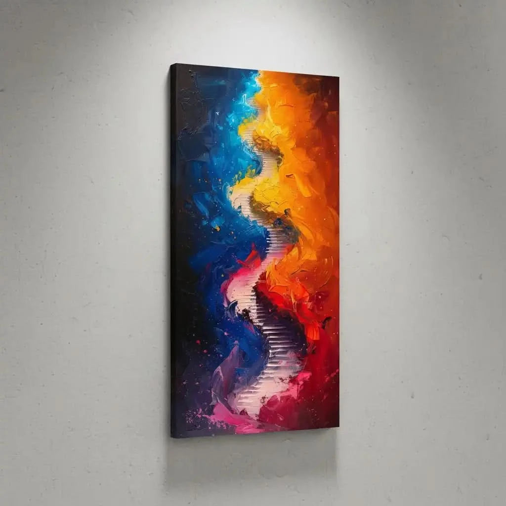 Peinture abstraite avec des couleurs vibrantes et des coups de pinceau dynamiques, créant une image énergique, idéale pour salon moderne.