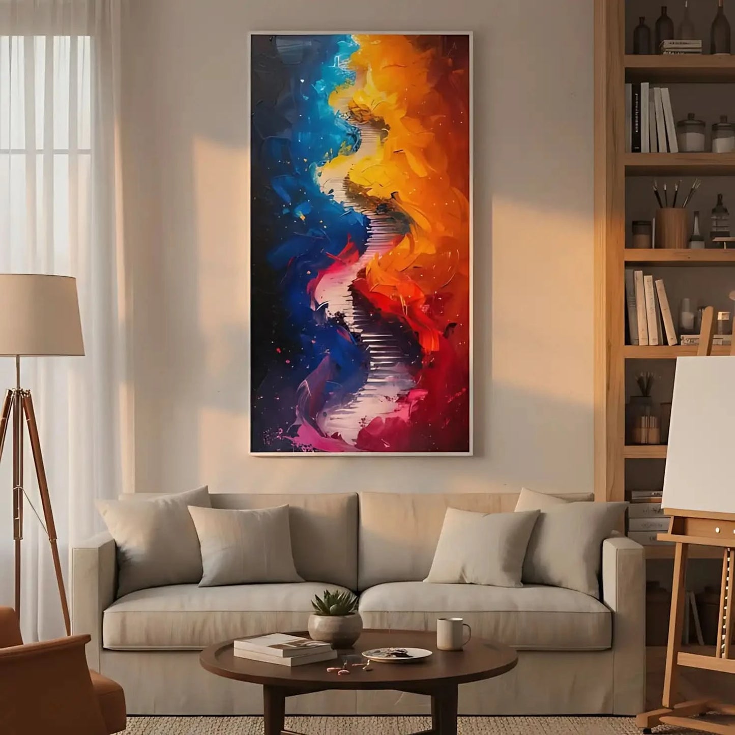 Peinture abstraite avec des couleurs vibrantes et des coups de pinceau dynamiques, créant une image énergique, idéale pour salon moderne.