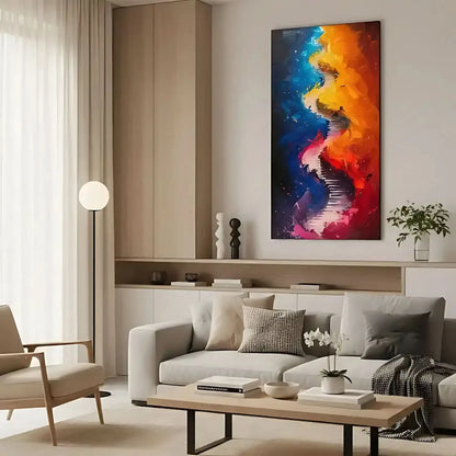 Peinture abstraite avec des couleurs vibrantes et des coups de pinceau dynamiques, créant une image énergique, idéale pour salon moderne.